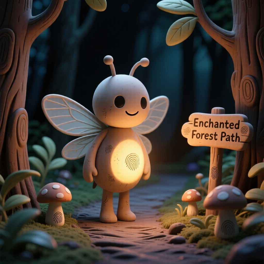 A firefly spirit lighting a path through a dark enchanted forest