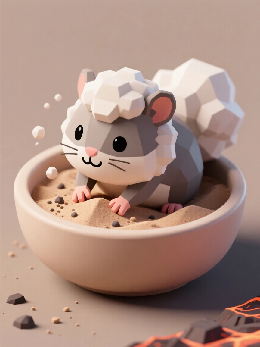 A fluffy chinchilla dust-bathes happily in a bowl of fine volcanic sand, fur puffing out like a cloud.