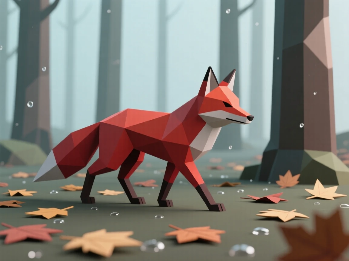 A red fox walking through fallen autumn leaves, in a quiet, dew-covered forest. the composition centers the subject with a shallow depth of field. The scene feels calm and majestic.