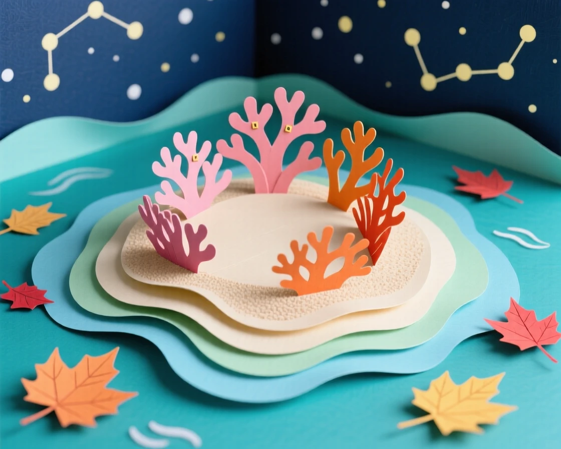 A coral atoll ringed by turquoise water beneath a star-filled night sky, with autumn leaves drifting on a gentle breeze, evoking serene, meditative contemplation.