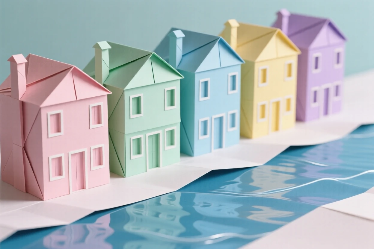 The pastel-colored houses of Burano reflected in a quiet Venetian canal.