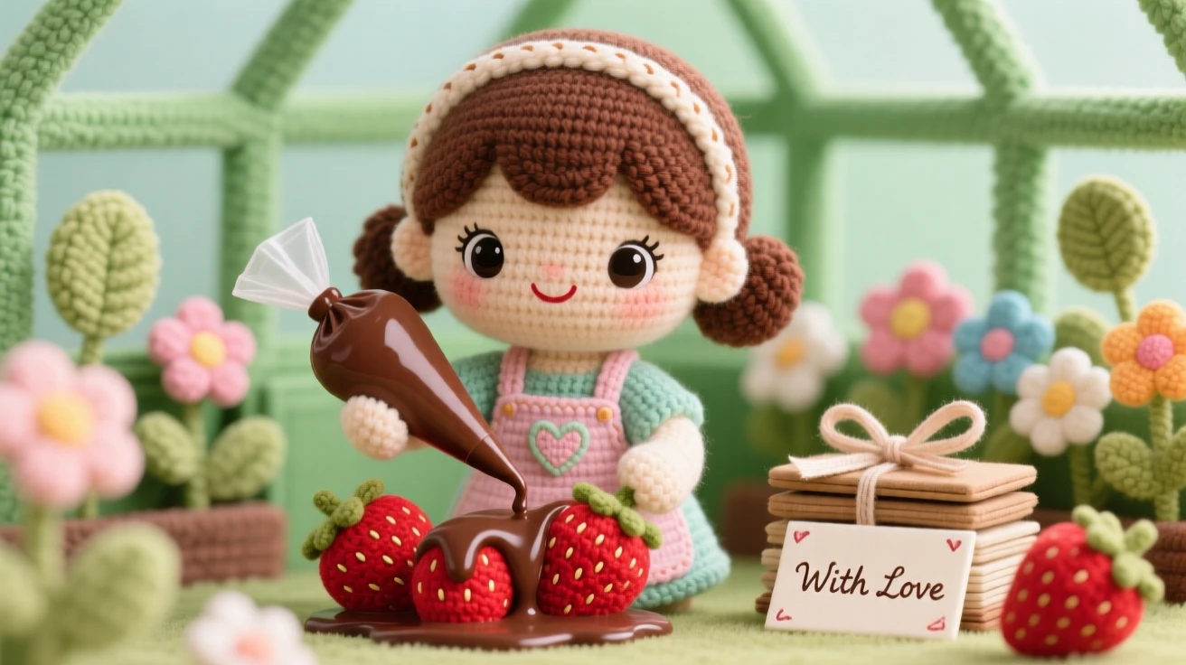 a little girl chocolatier, with a piping bag of melted chocolate, is captured drizzling chocolate over fresh strawberries in a cheerful greenhouse filled with blooming flowers beside a stack of handwritten letters tied with ribbon, radiating tender patience and unhurried craftsmanship.
