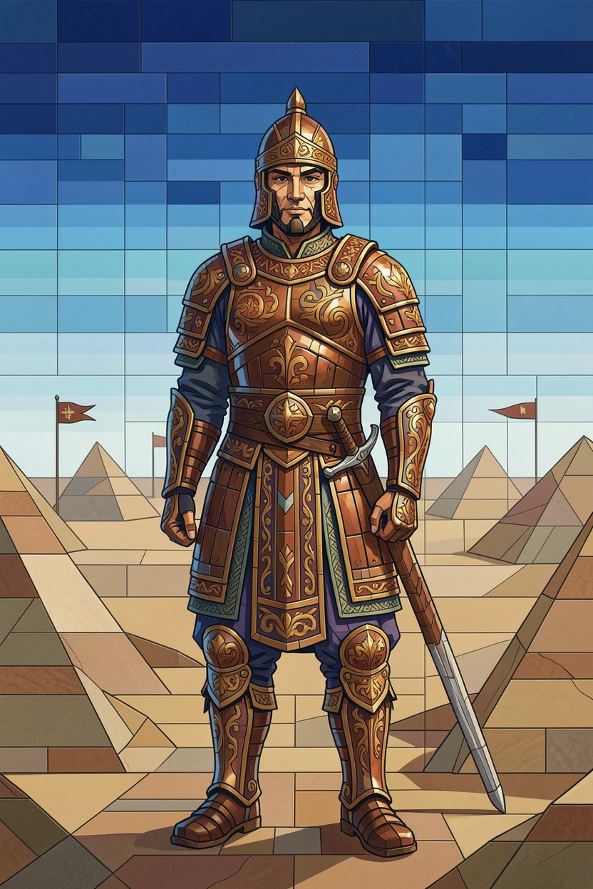 A warrior in ornate traditional armor standing at the edge of a battlefield.