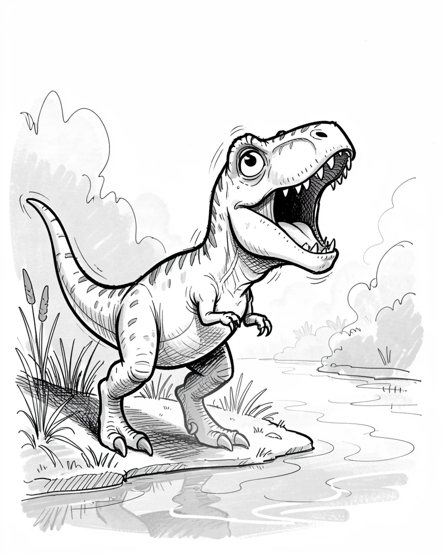 A young dinosaur learning to roar along a misty riverbank.