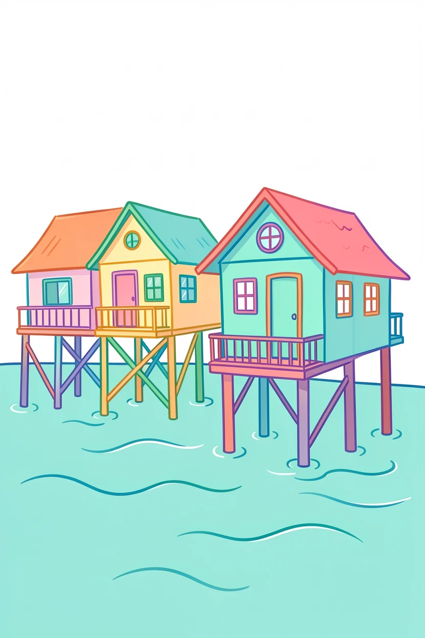 The colorful stilt houses of a fishing village on turquoise water.