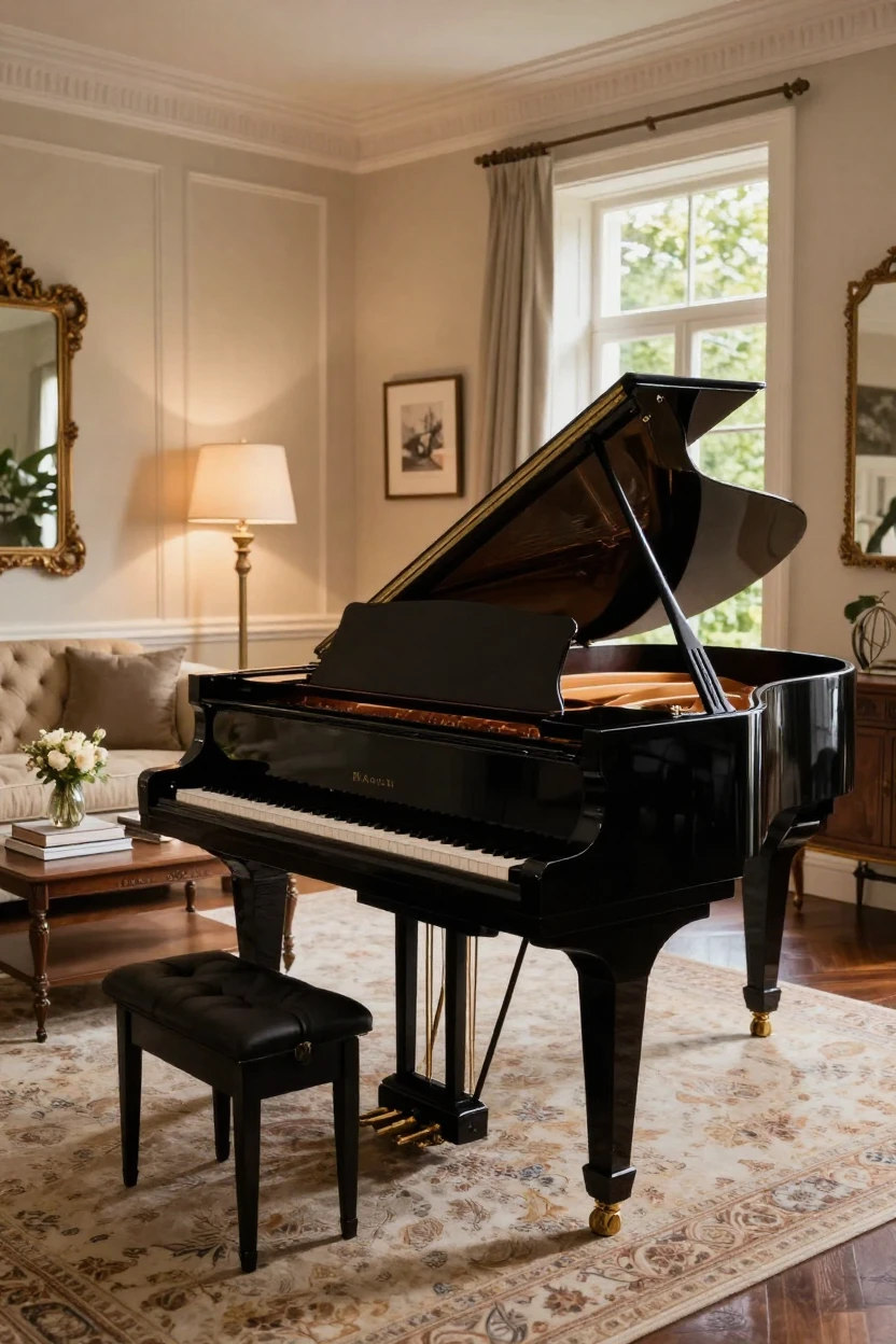 A grand piano in an elegant living room