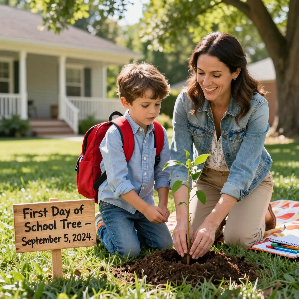 A mother and son plant a tree together to mark his first day of school.