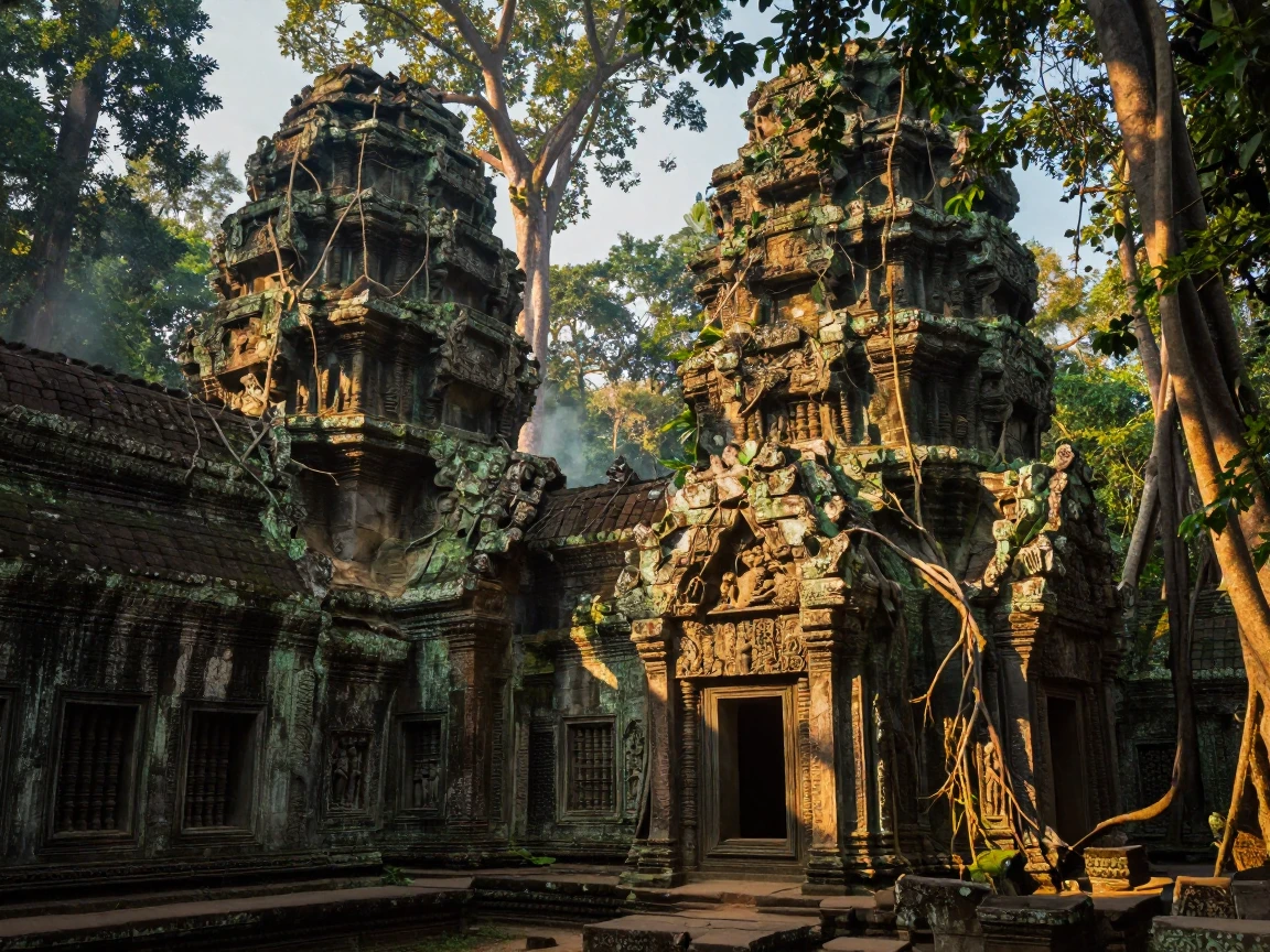 Ancient temple ruins overtaken by jungle vines in ancient Cambodia
