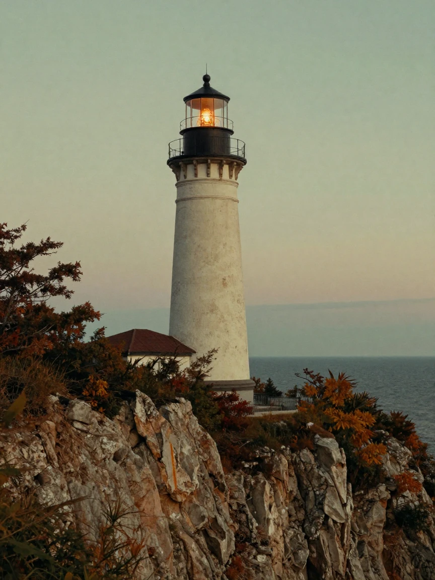 A lone lighthouse standing at the edge of a windswept cliff, in low lamplight, in crisp, dry air, as summer fades into fall, with muted olive and rust colors, from behind, looking toward the horizon.