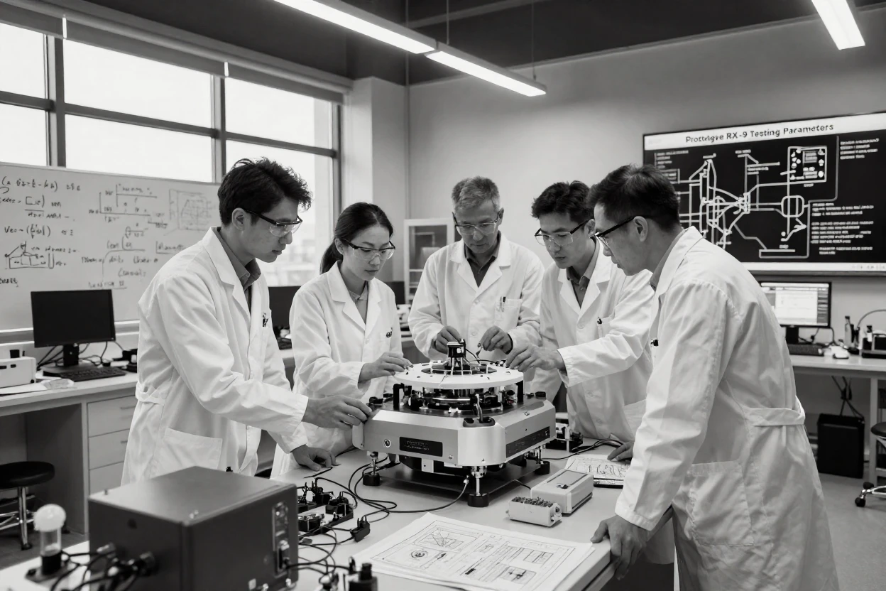 A team of engineers tests a new prototype device inside a research facility.
