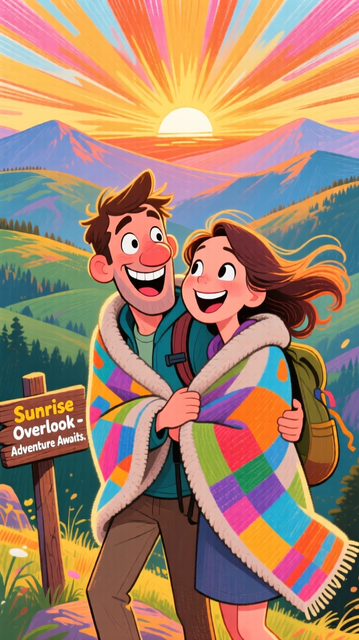 A couple hiking to a scenic overlook, watching the sunrise together wrapped in a blanket.