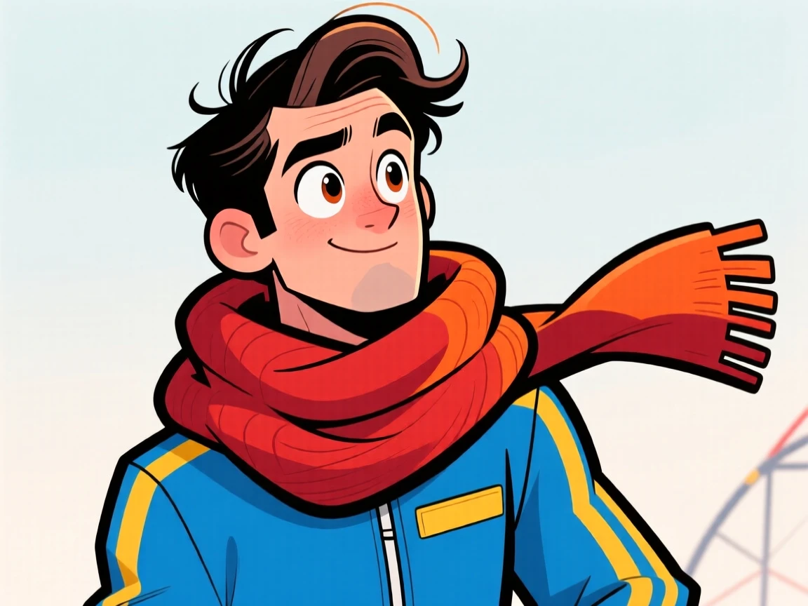 A charming portrait of a daring stuntman, tilting their head curiously with a wide-eyed expression, wrapped in a cozy oversized scarf.