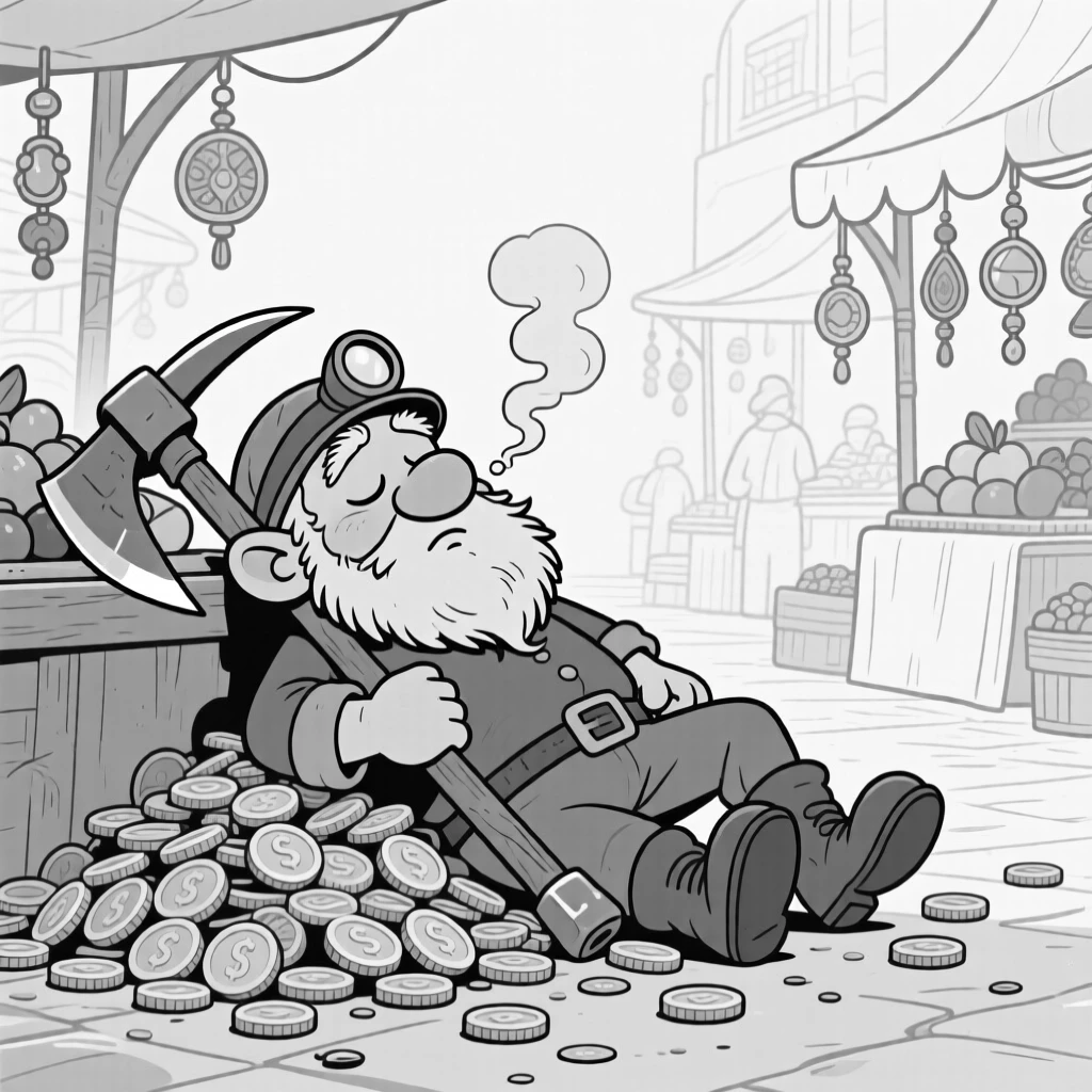 A sleepy dwarf miner leaning on an oversized pickaxe, snoring out tiny puffs of smoke with every breath, set in a bustling fantasy marketplace. A pile of gold coins spills comically across the floor. The image invites you to imagine the tale behind the mishap.