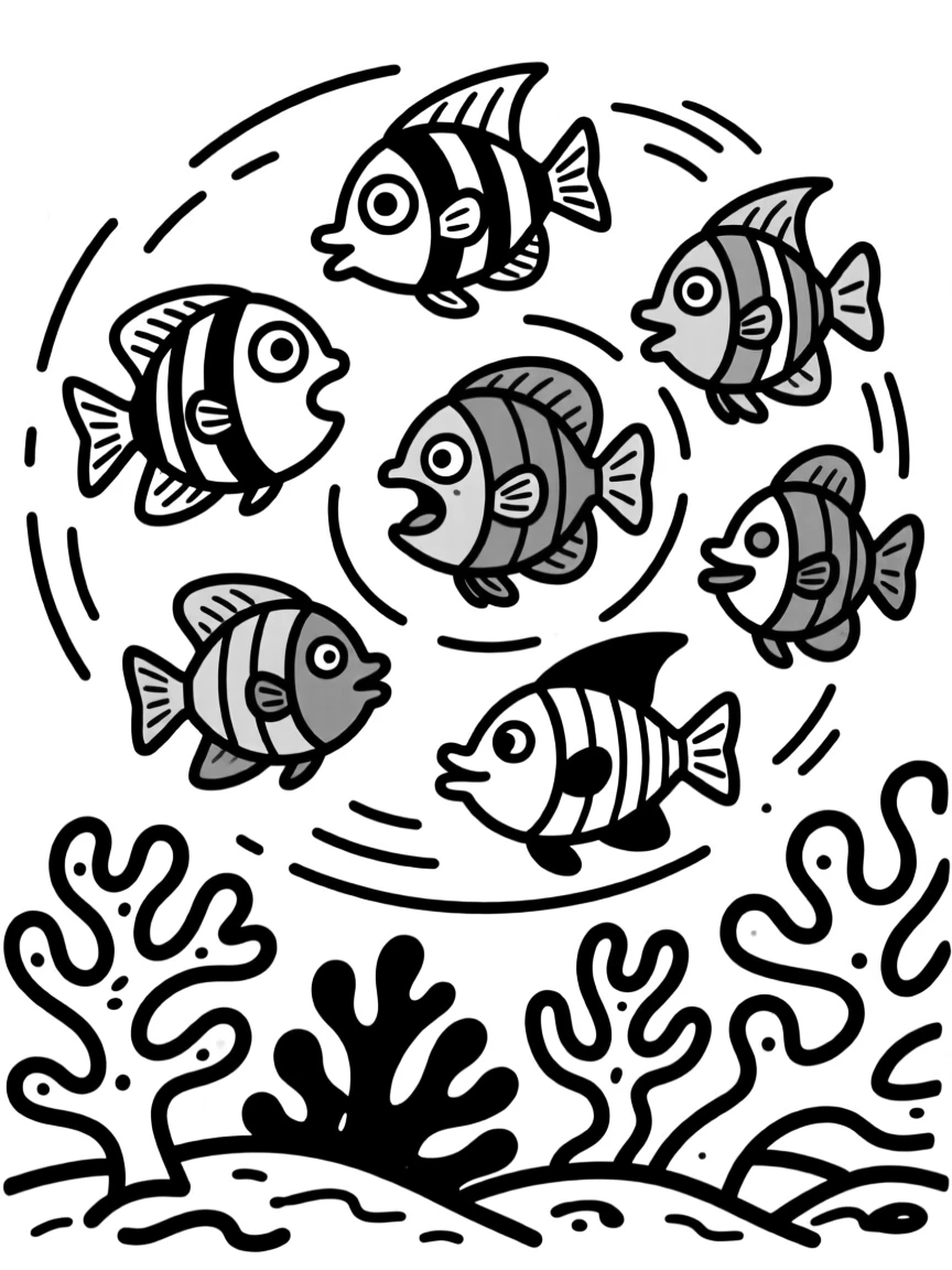 A school of colorful tropical fish swirling around a vibrant coral reef.