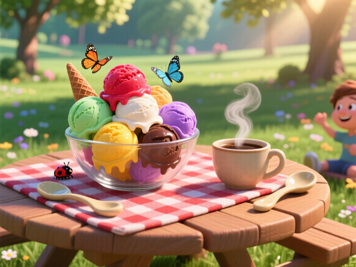 A bowl of colorful gelato scoops sits on a checkered picnic blanket in a park, next to a steaming cup of coffee. The mood is festive and appetizing.