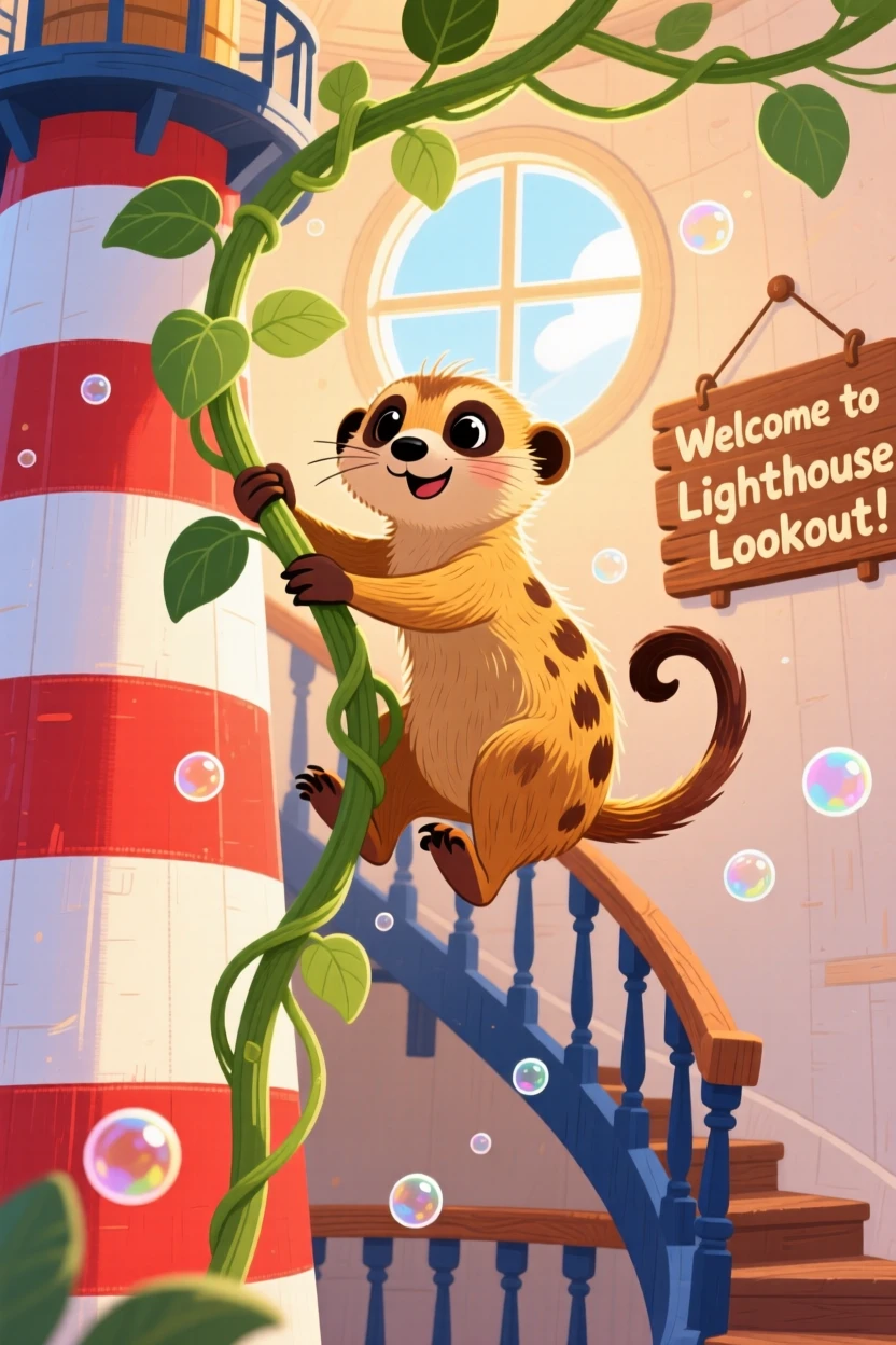 A alert meerkat is swinging from a vine in a striped lighthouse, as tiny bubbles float upward.