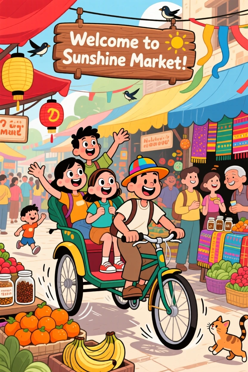 A group of tourists riding a rickshaw through a bustling market.