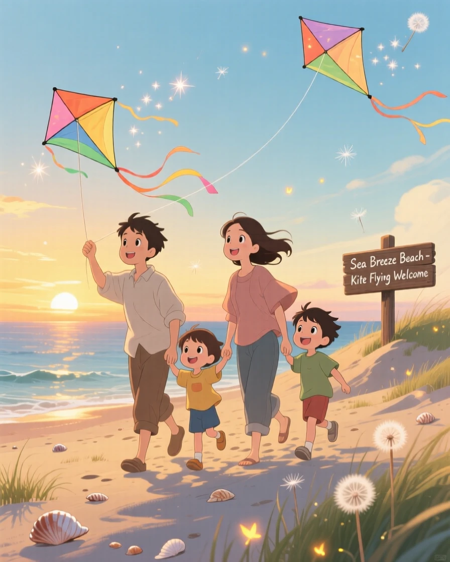 Parents and children flying kites together on the beach, the scene peacefully content.