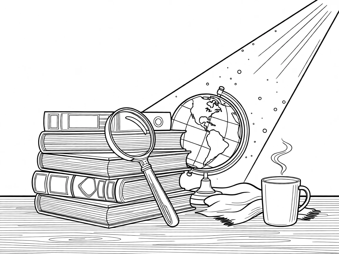 A stack of old books beside a magnifying glass and a globe, with dust motes drifting in a beam of light.