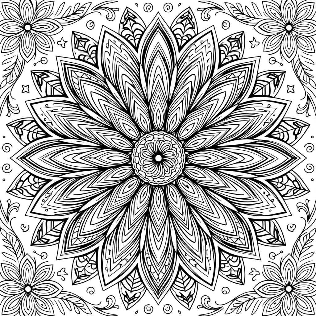 A mandala shaped like a blooming dahlia with fractal petal layers.