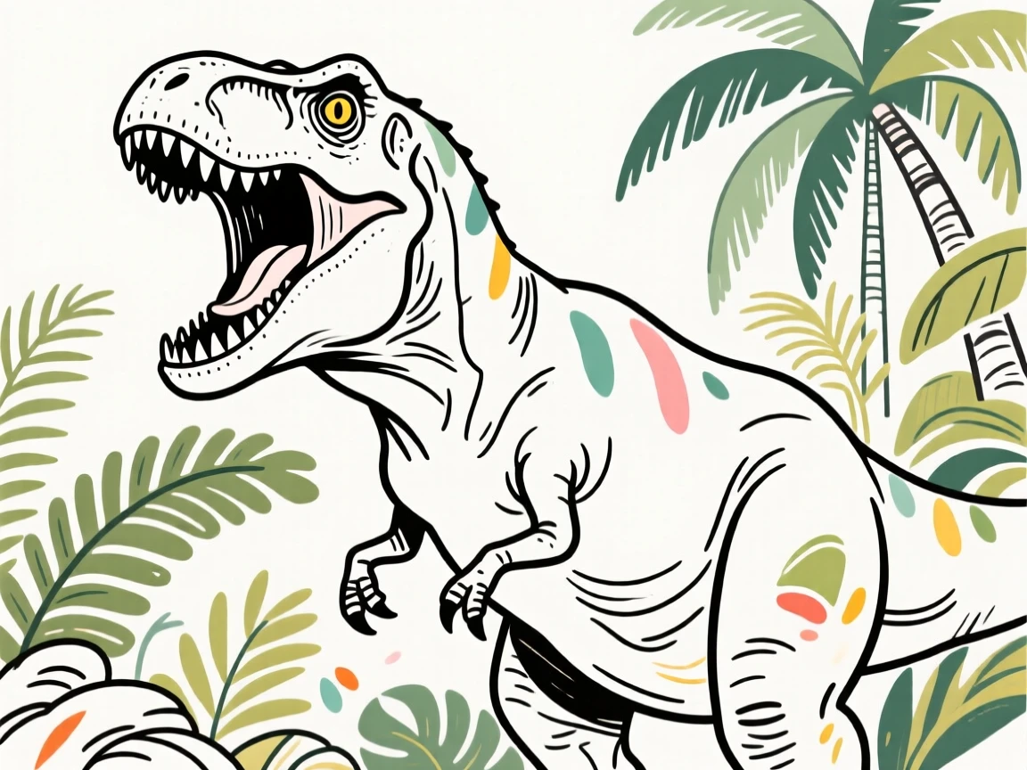 A towering Tyrannosaurus rex roaring beside a prehistoric jungle.