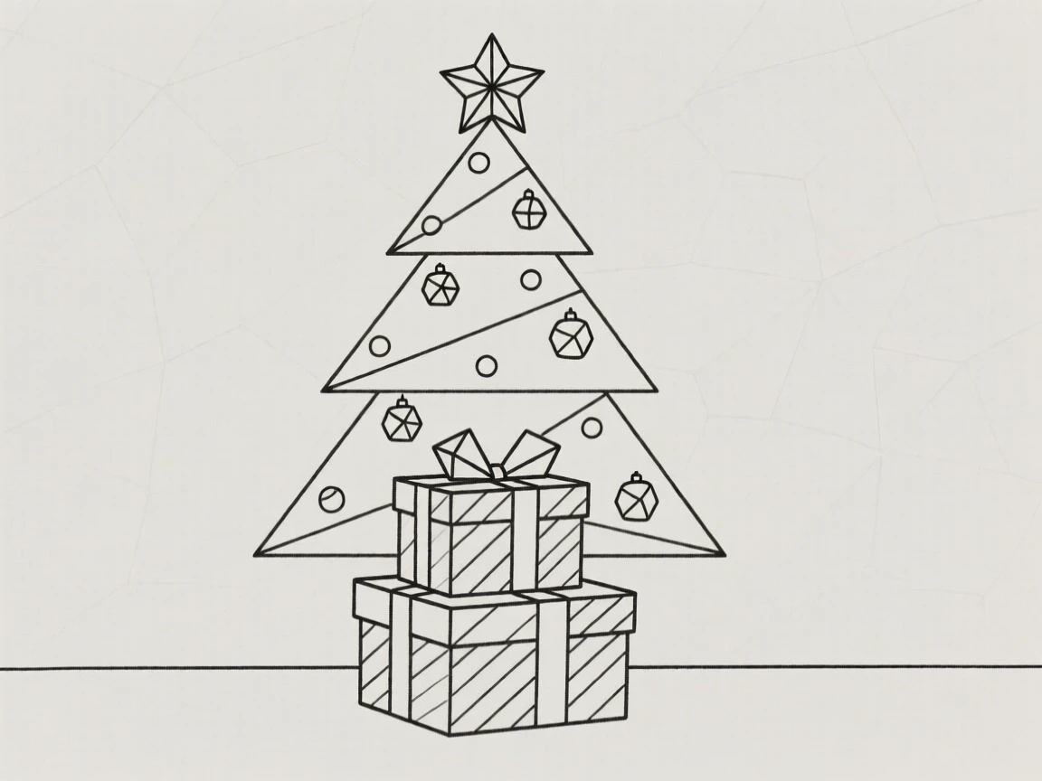 A stack of wrapped gifts beneath a decorated tree