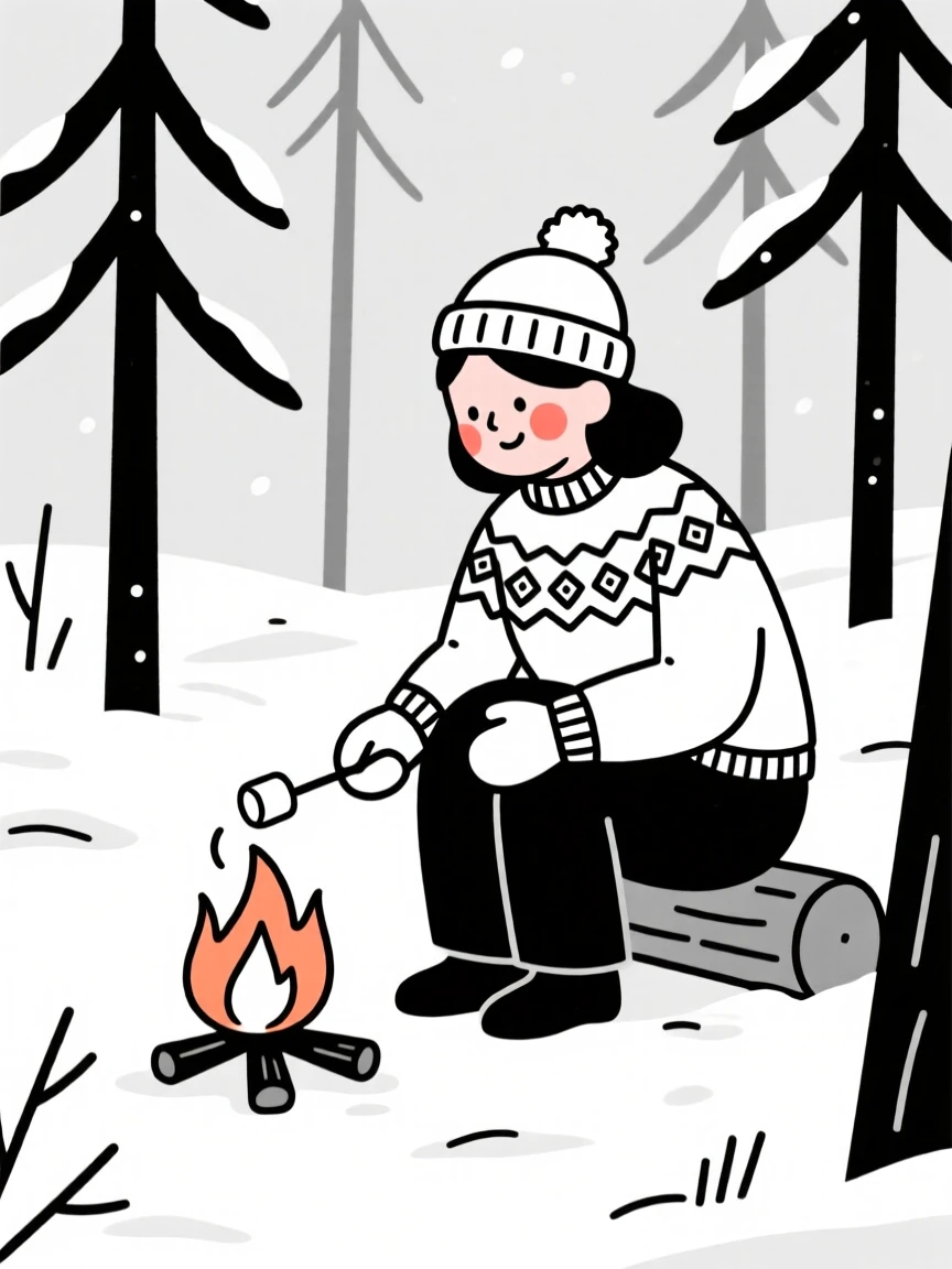 A mother of Norwegian heritage roasting marshmallows over a campfire, in a snow-covered pine forest.