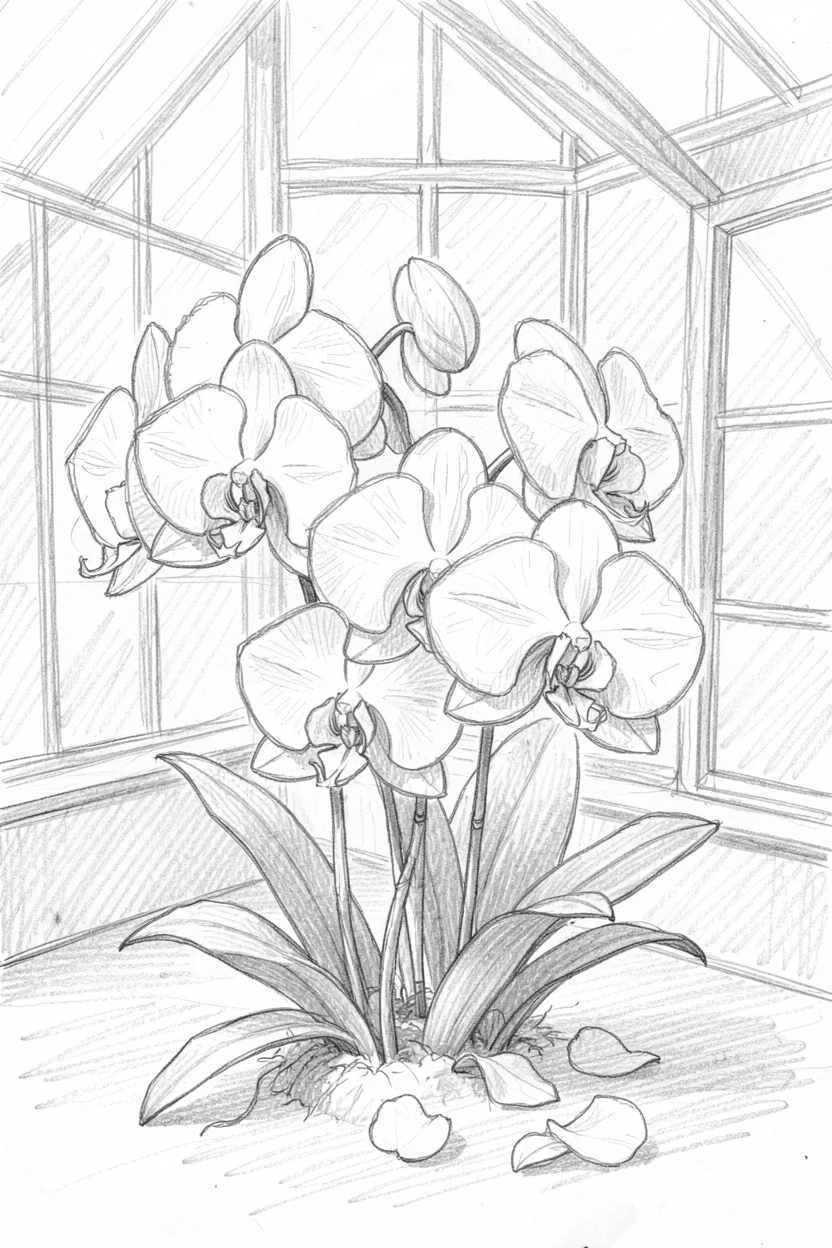 A cluster of white orchids in a greenhouse filled with soft light, surrounded by scattered petals.