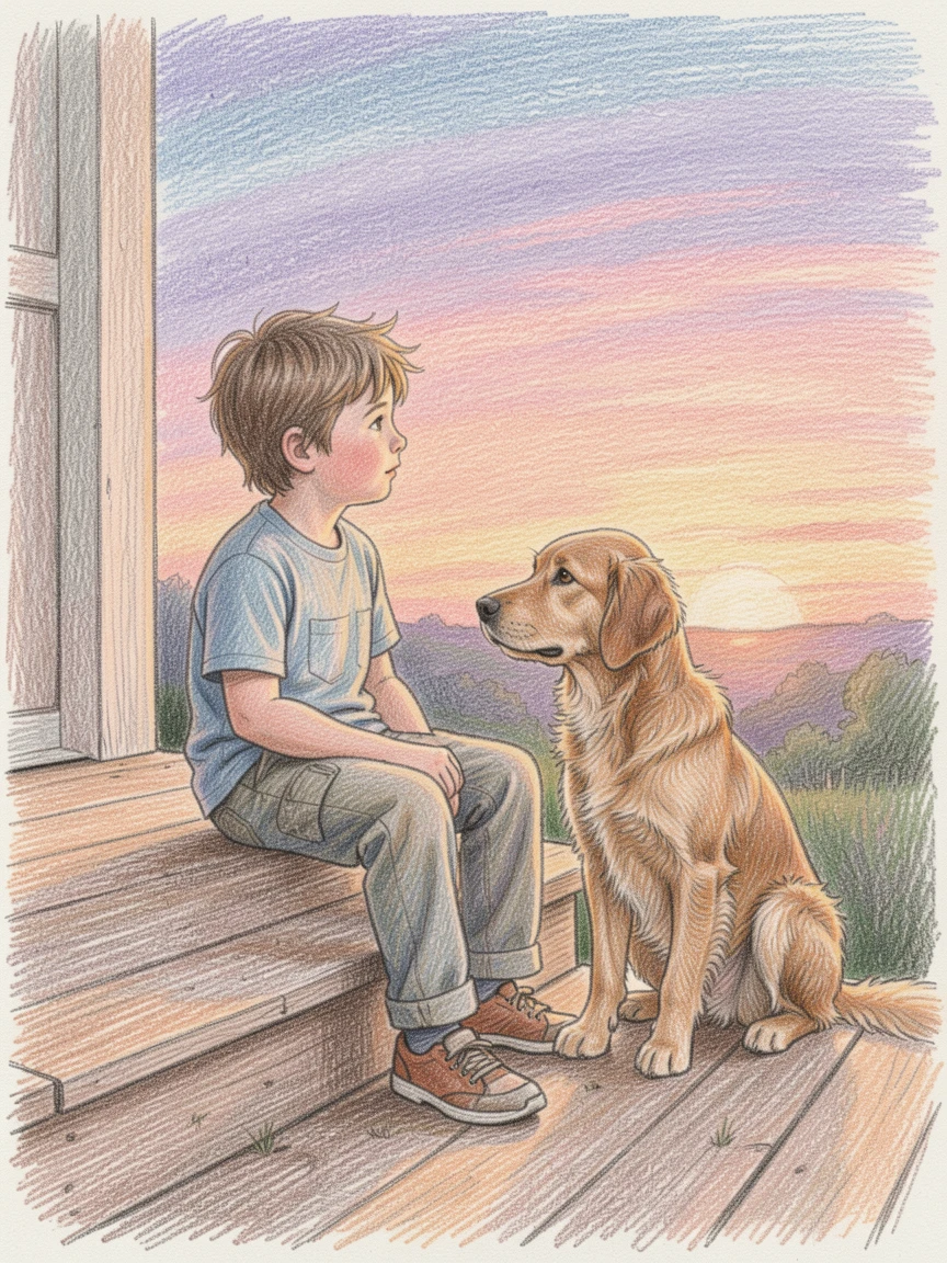 A little boy and his dog watching the sunset from a porch step, with tender, candid details that feel true to life, celebrating the simple magic of everyday family moments.