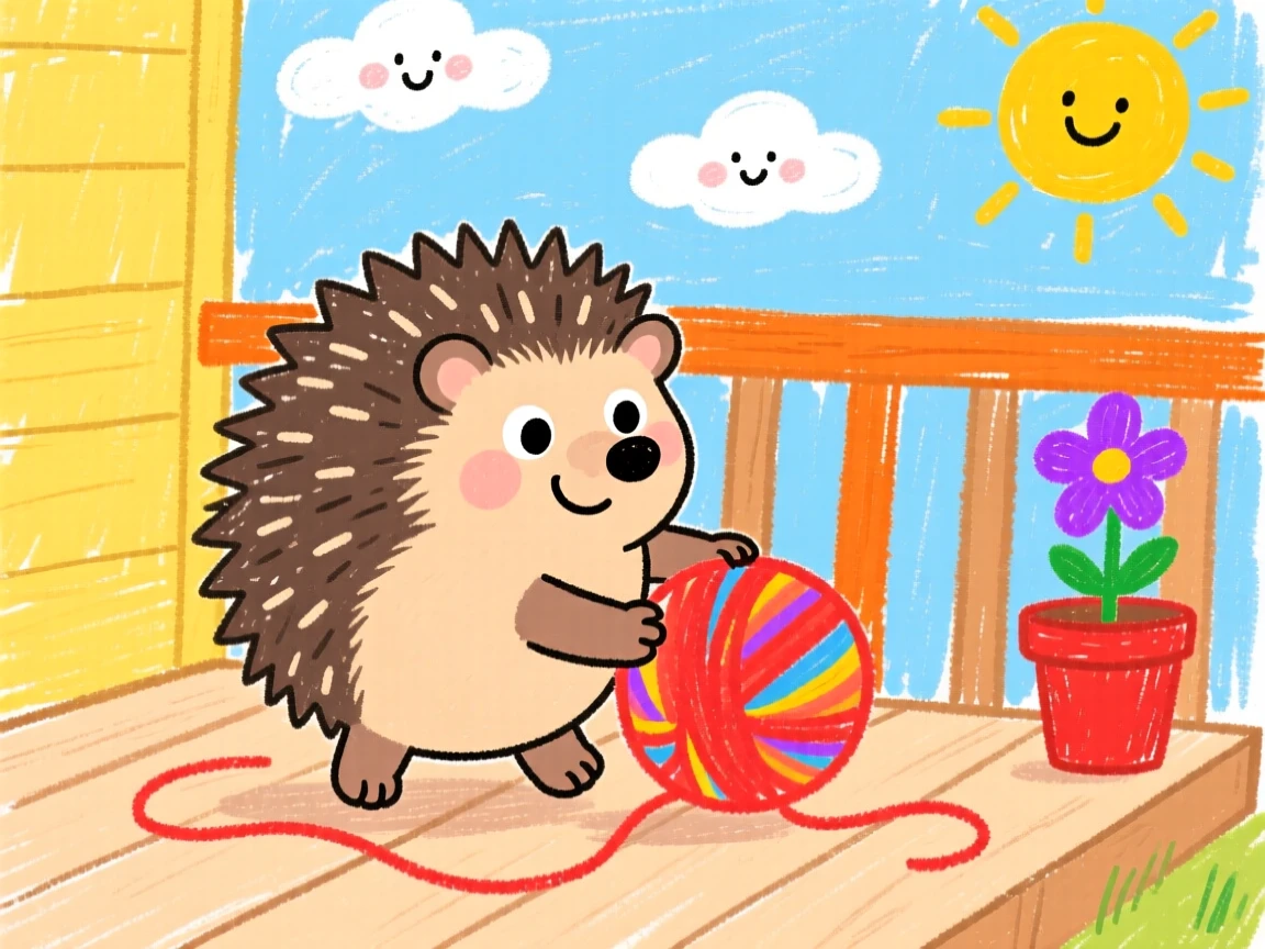 A round hedgehog pup playing with a ball of yarn on a porch.