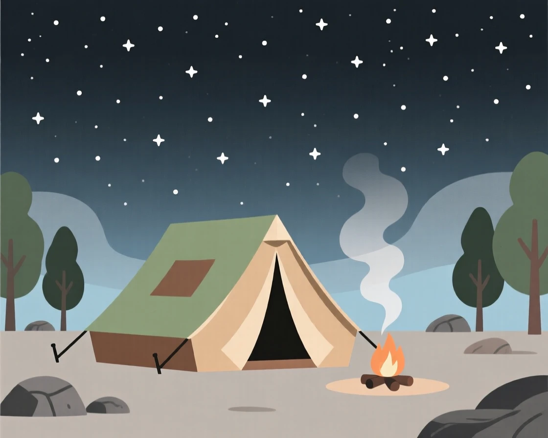 A camping tent set up beneath a starry night sky, set against a backdrop of neutral, calming tones, arranged with balanced symmetry and calming negative space, with subtle steam rising to add a warm, lived-in feel.