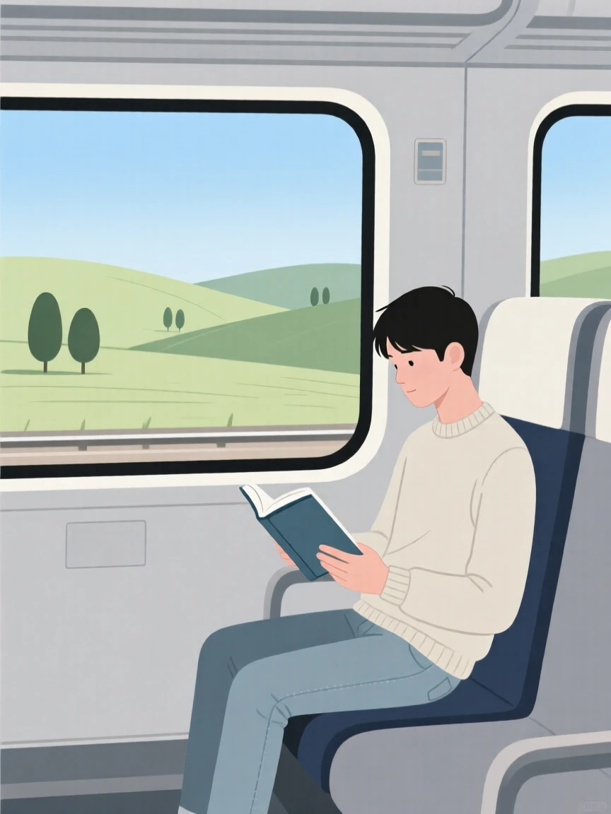 A commuter reading a book while riding a train through the countryside.