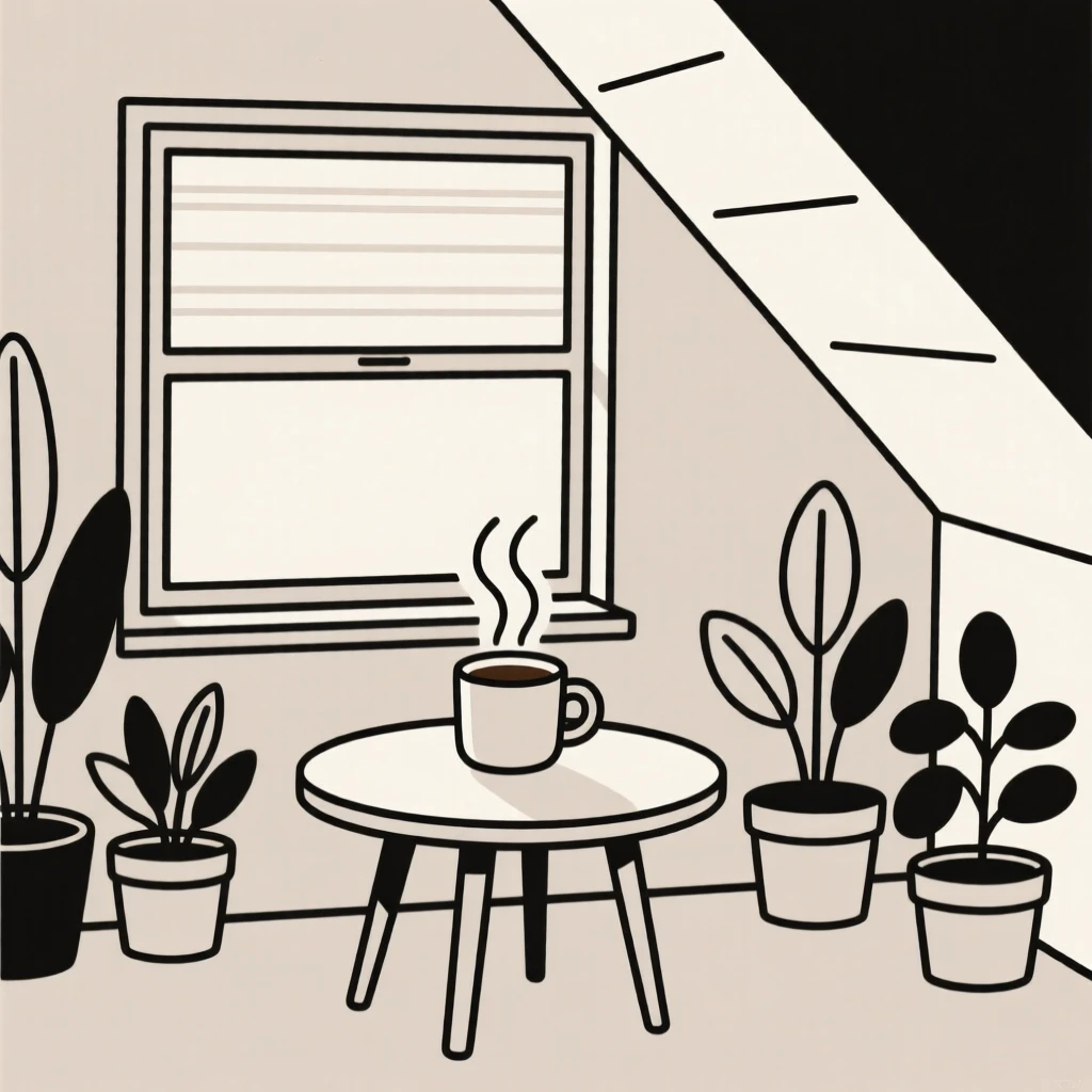 A tidy plant-filled sunroom arranged near a steaming mug of coffee in a cozy attic room, expressing homey warmth.
