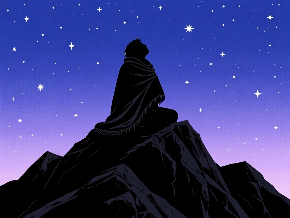 A person sitting at the peak of a mountain, wrapped in a blanket, watching the stars.
