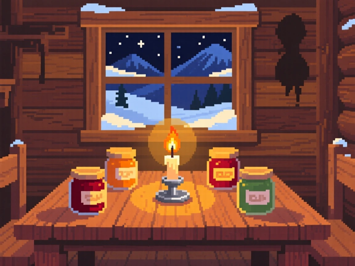 A candlelit dinner table lined with jars of homemade jam, inside a snowbound mountain cabin.