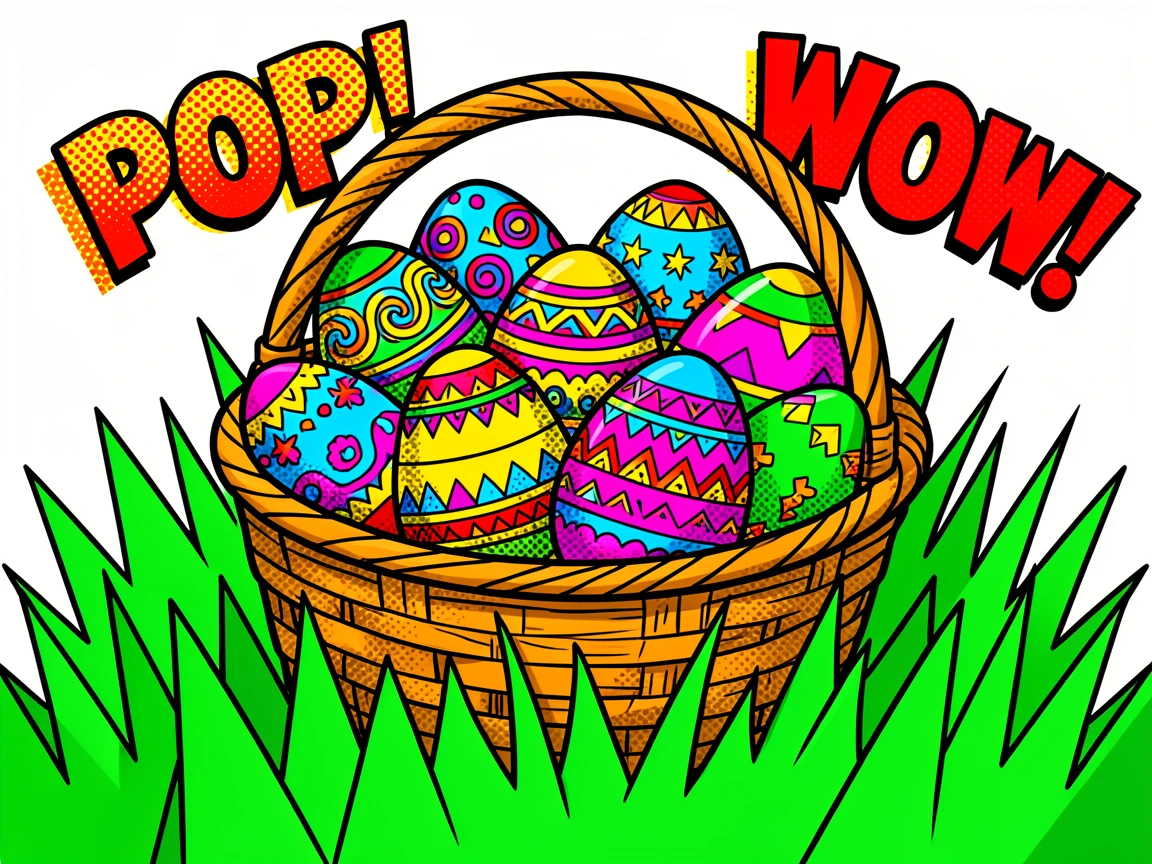 A basket of elaborate painted Easter eggs in spring grass