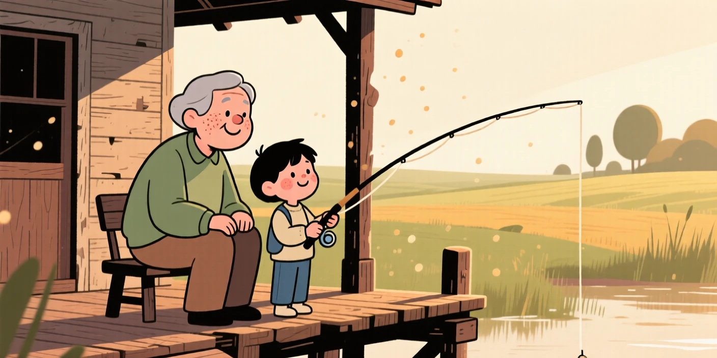 A grandparent shows a young grandchild how to fish from an old wooden dock in the porch overlooking the fields, both taking their time as dust motes drift in the sunlight.