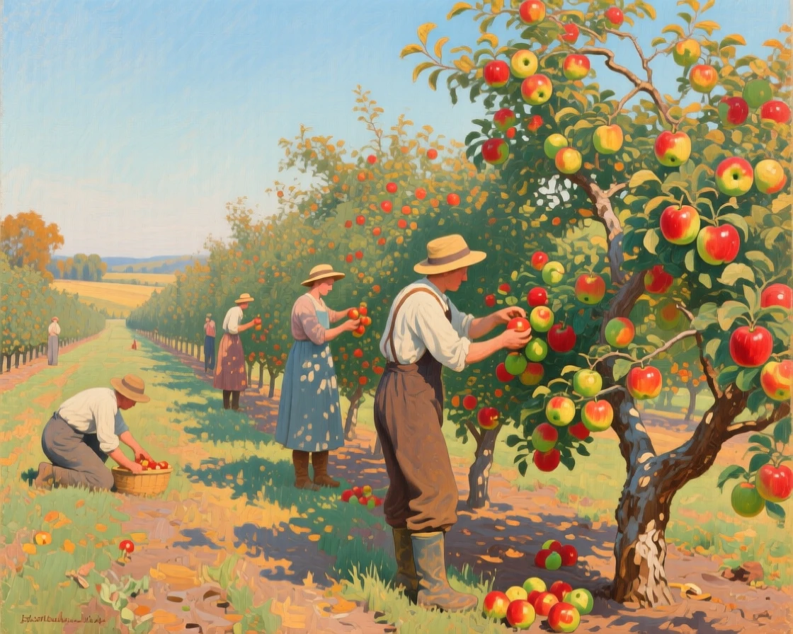 A panoramic view of an orchard where workers pick ripe apples from laden branches, under a clear blue sky, in the 1940s.