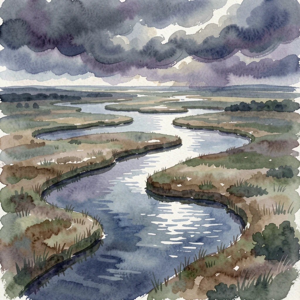 A river delta seen from above as storm clouds gather with reflections shimmering on the water.