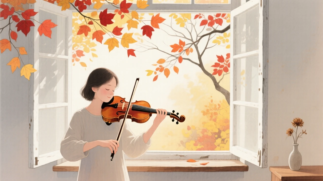 A peaceful scene of someone playing violin by an open window under a canopy of autumn trees, fully absorbed in a quiet, joyful moment