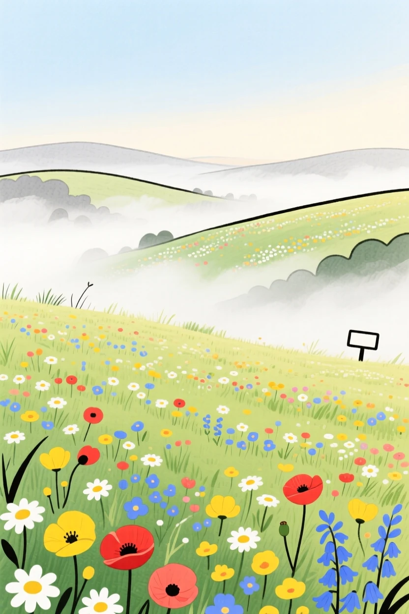 A sweeping view of a meadow bursting with wildflowers in spring under a soft blanket of fog.