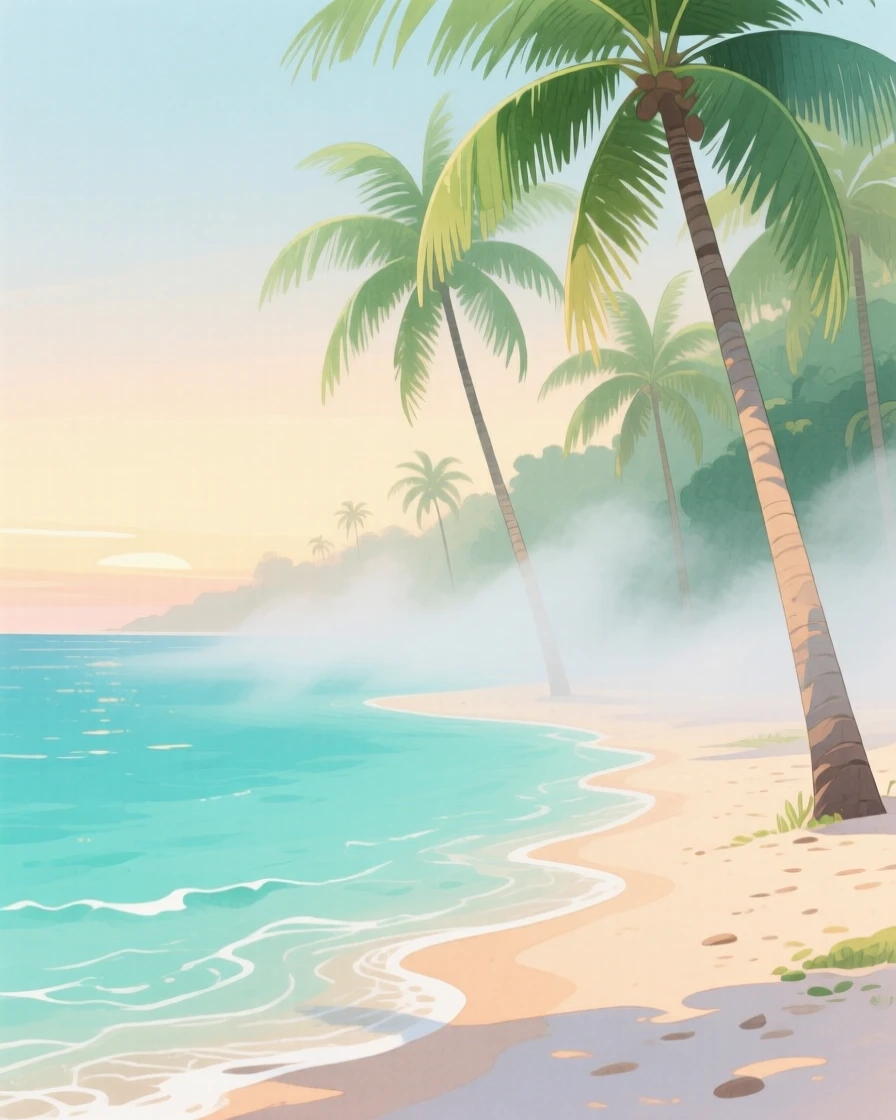 A tropical beach with turquoise water and swaying palms, with gentle mist rolling low across the ground, filled with quiet majesty and stillness.