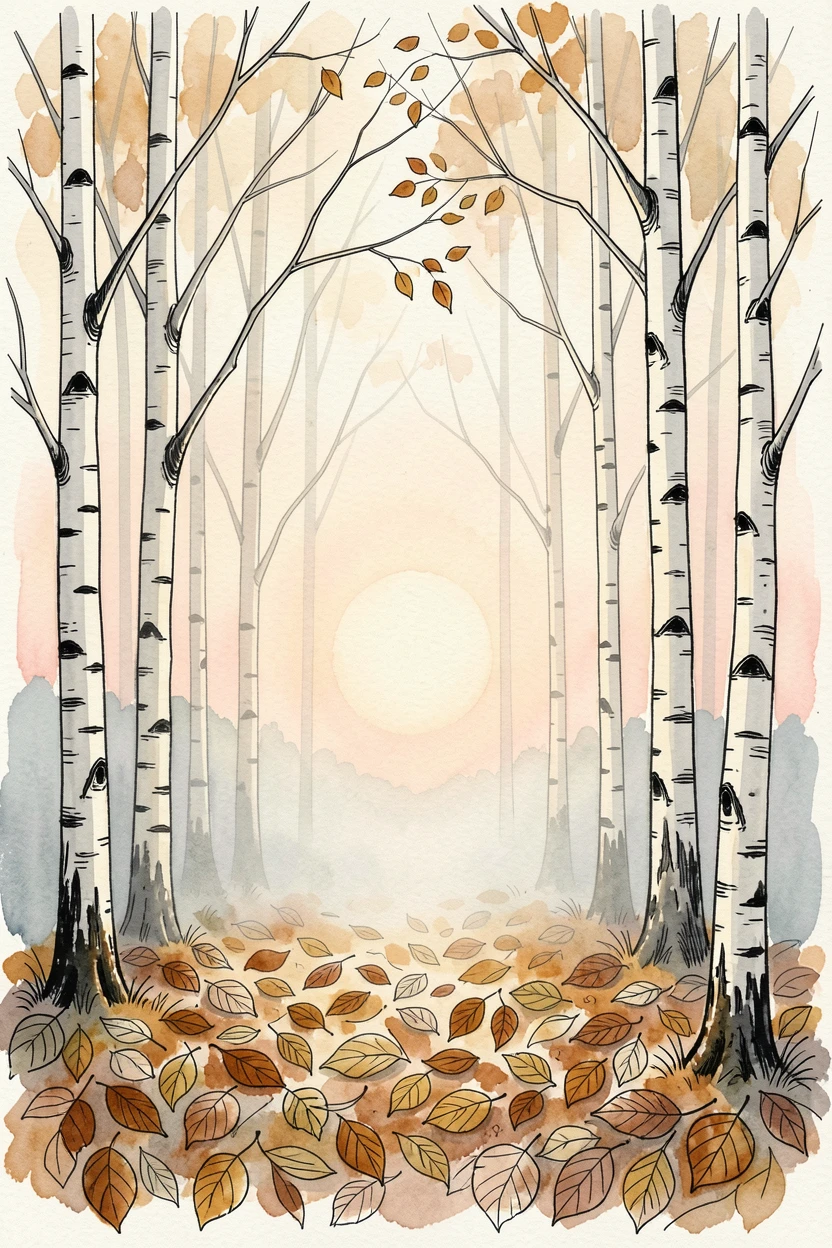 A quiet birch forest with slender white trunks rising from a carpet of fallen leaves, a soft mist clinging to the low ground as the sun begins to rise.