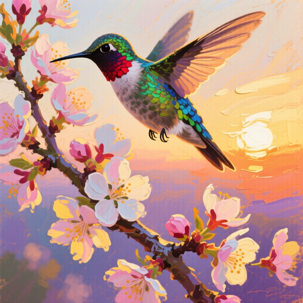 a hummingbird visiting a flowering branch, at sunrise, from an inviting eye-level viewpoint.