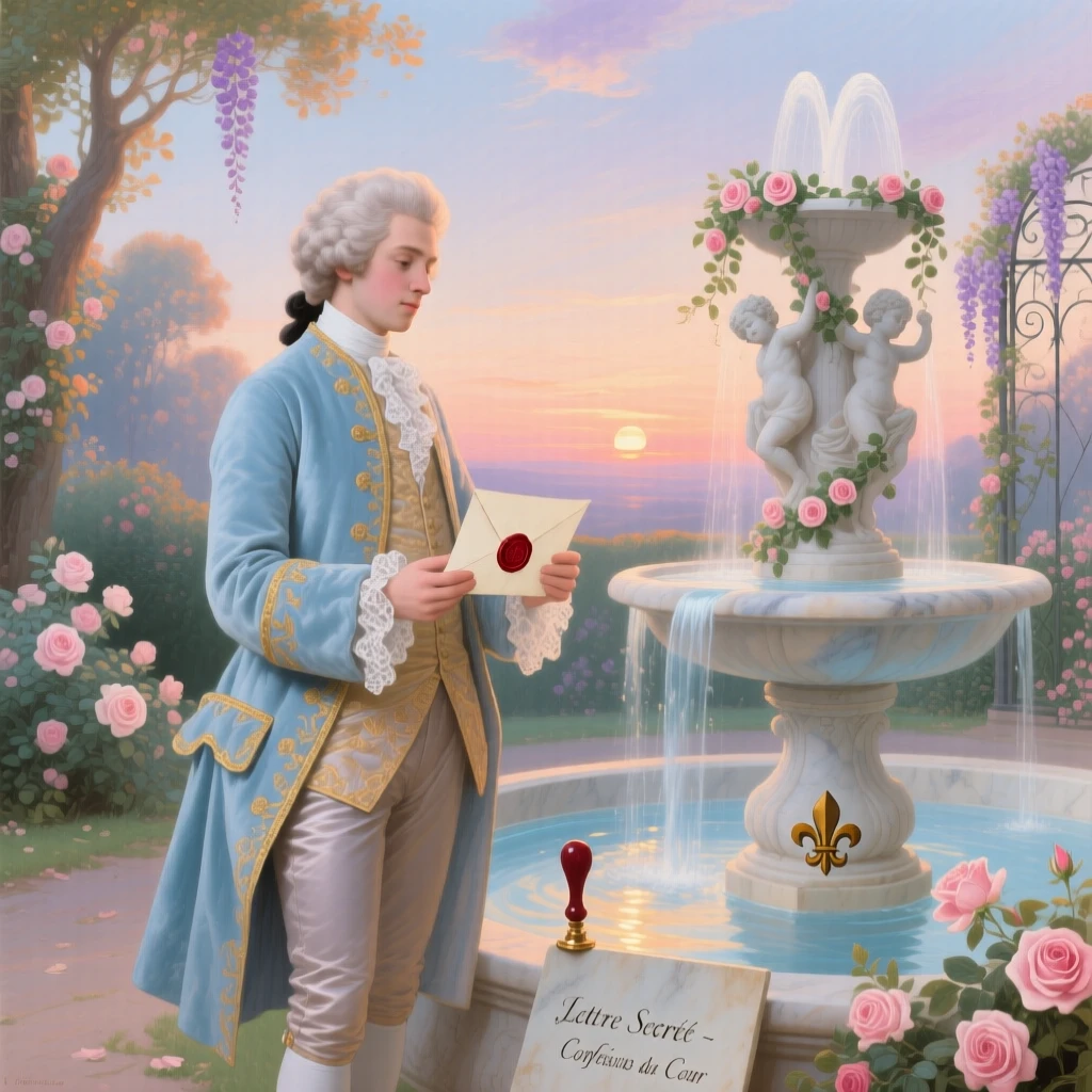 A young man holding a sealed letter beside a fountain at dusk  