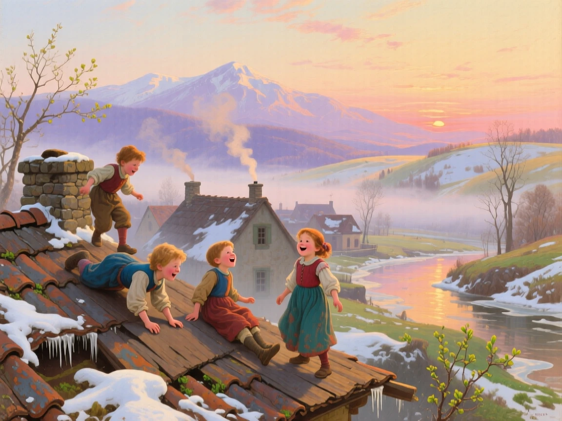 Children roll across a village rooftop at dawn as the world awakens after winter.