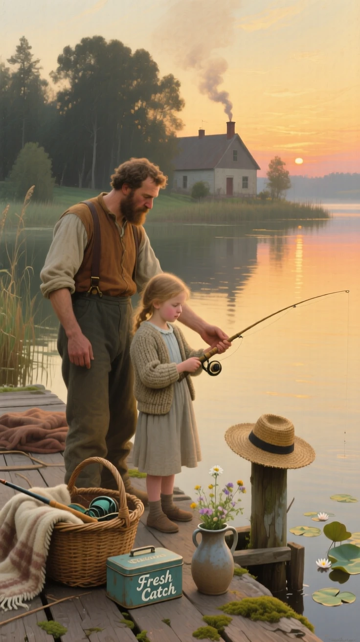 A father teaching his daughter to fish from a quiet dock at sunrise, surrounded by the comfortable clutter of everyday domestic life, offering a heartwarming glimpse into ordinary, meaningful moments