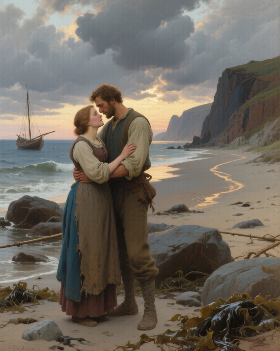 A fisherman's wife scanning the horizon for a returning boat as the weight of years finally lifts, set on a storm-battered shoreline at first light, with storm clouds parting just behind the embracing figures; converging paths in the background lead directly to the embracing pair, radiating hope restored after long hardship.