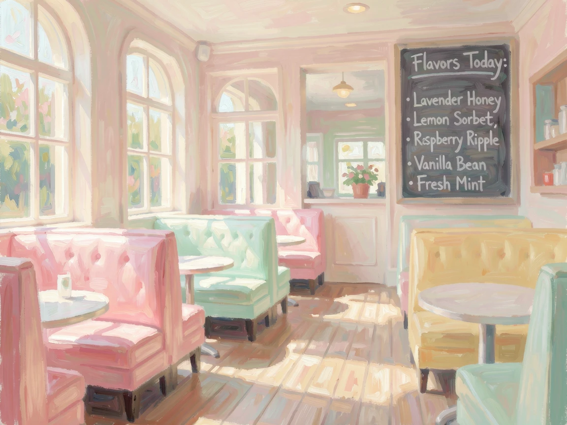 A charming ice cream parlor with pastel booths and a chalkboard menu on a sunny summer afternoon.
