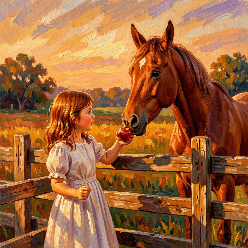 A young girl feeding a horse an apple over a wooden fence at golden hour.